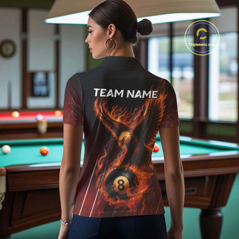 Customized Orange 8 Ball Fire Flame Eagle Billiard Shirt For Women, Pool Team Jersey Polo & 1/4 Zip TDM4427