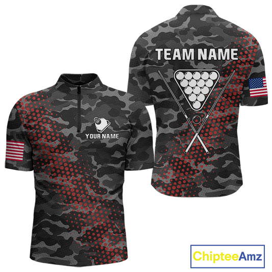 Personalized Red & Grey Camo Billiard Shirt For Men, 8 Ball Billiard Jersey Team Polo & 1/4 Zip TDM4431