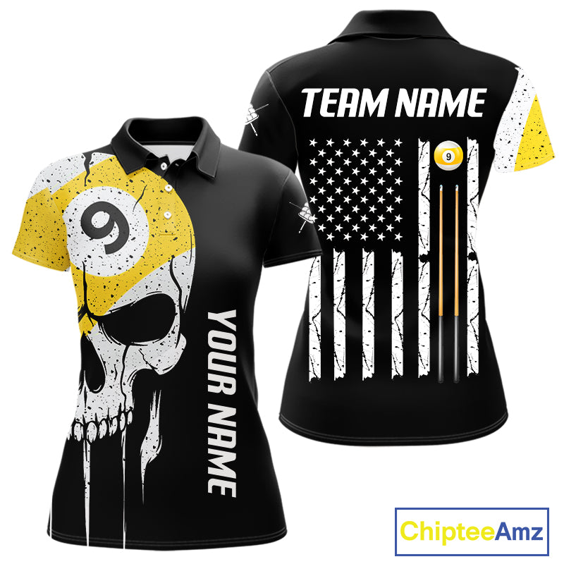 Personalized 9 Ball Skull Billiard Shirt For Women, American Flag Pool Team Jerseys TDM4257