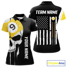 Load image into Gallery viewer, Personalized 9 Ball Skull Billiard Shirt For Women, American Flag Pool Team Jerseys Polo &amp; 1/4 Zip TDM4257