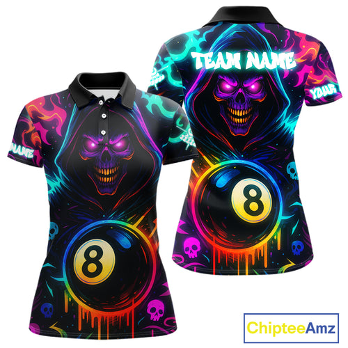 Colorful Neon Grim Reaper 8 Ball Pool Billiard Shirt For Women Custom Billiard Team Jersey TDM4668