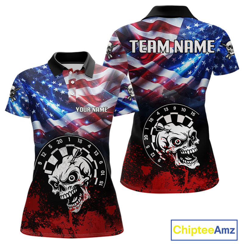 Personalized American Flag Funny Skull Darts Shirt For Women Custom Patriotic Darts Team Jerseys TDM4262
