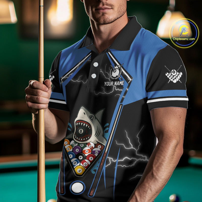 Black Blue Funny Pool And Shark Billiard Shirts For Men Custom 8 Ball Billiard Team Jerseys TDM4081