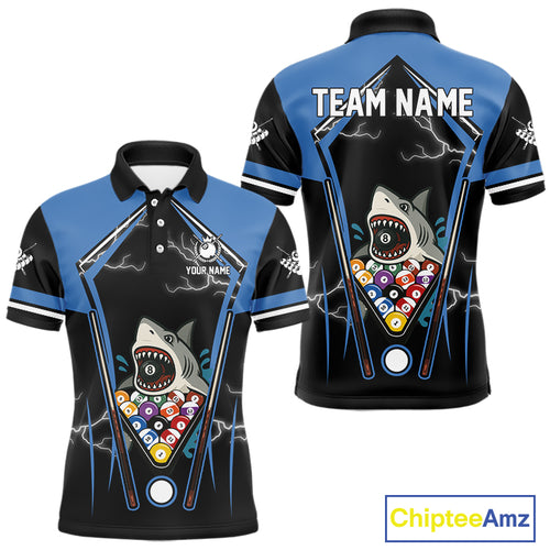 Black Blue Funny Pool And Shark Billiard Shirts For Men Custom 8 Ball Billiard Team Jerseys TDM4081