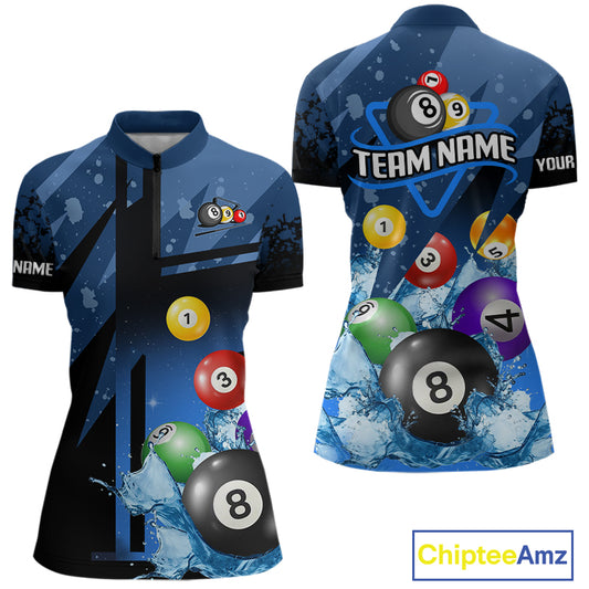 Blue Billiard Jerseys For Women Custom 3D Pool Balls Billiard Shirts Team Polo & Quarter Zip TDM4087