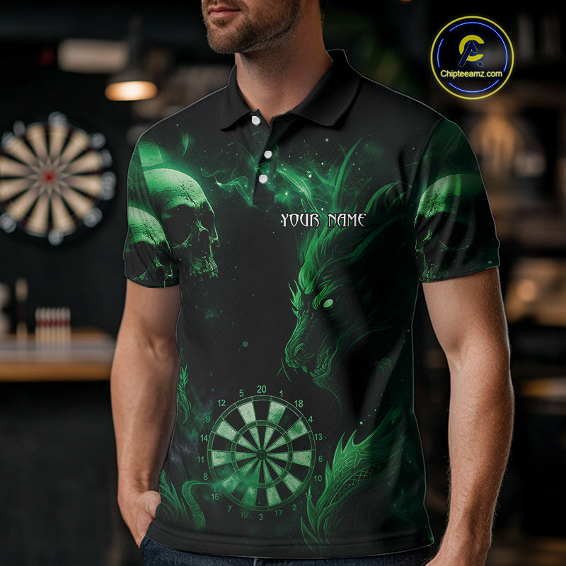 Black Green Custom Dragon Darts Shirt For Men, Darts Jersey Pocket Option TDM4448