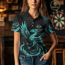 Load image into Gallery viewer, Personalized Phoenix Dartboard Wings Women&#39;s Dart Shirts Custom Black &amp; Turquoise Darts Team Jerseys TDM4273
