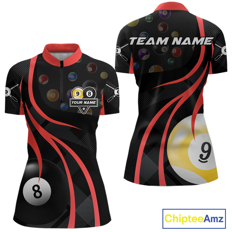 Personalized Billiard 8 Ball & 9 Ball Pool Shirt For Women, Billiard Jersey Team Polo & 1/4 Zip|Red TDM4457