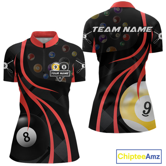 Personalized Billiard 8 Ball & 9 Ball Pool Shirt For Women, Billiard Jersey Team Polo & 1/4 Zip|Red TDM4457