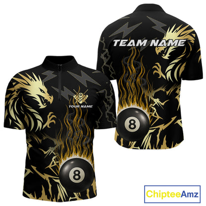 Black And Gold Flame 8 Ball Pool Shirt For Men Custom Dragon Billiards Team Jersey Polo & 1/4 Zip TDM4103