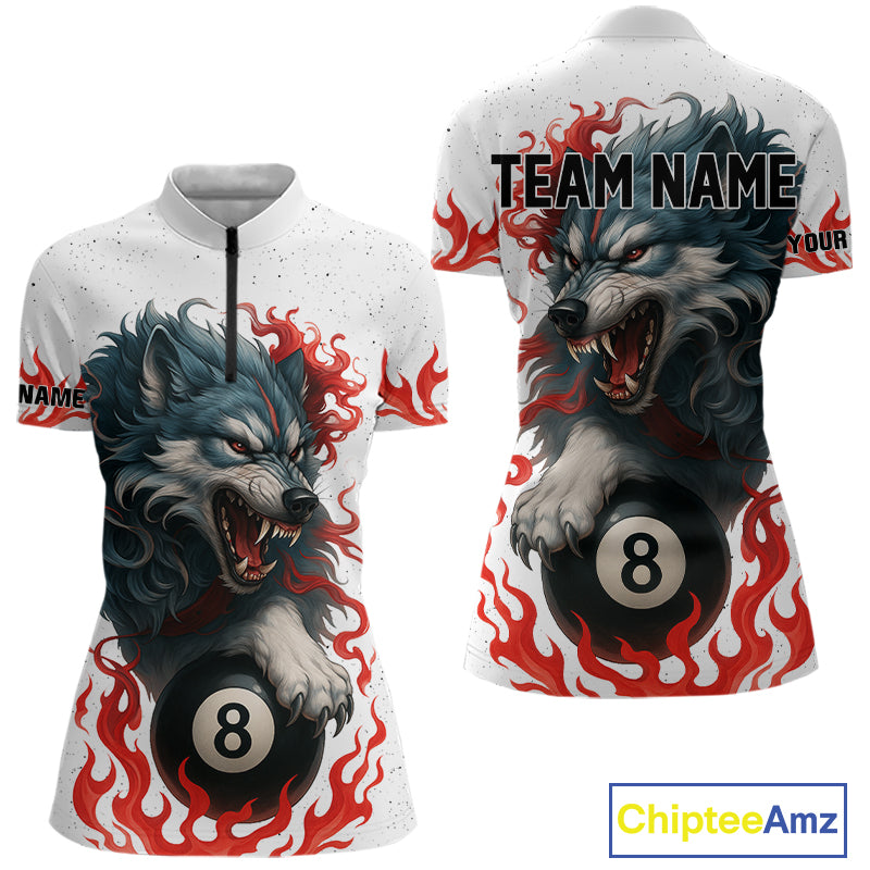 Personalized Wolf Flaming 8 Ball Billiard Shirts For Women Custom Billiard Pool Team Jersey |Red TDM4111