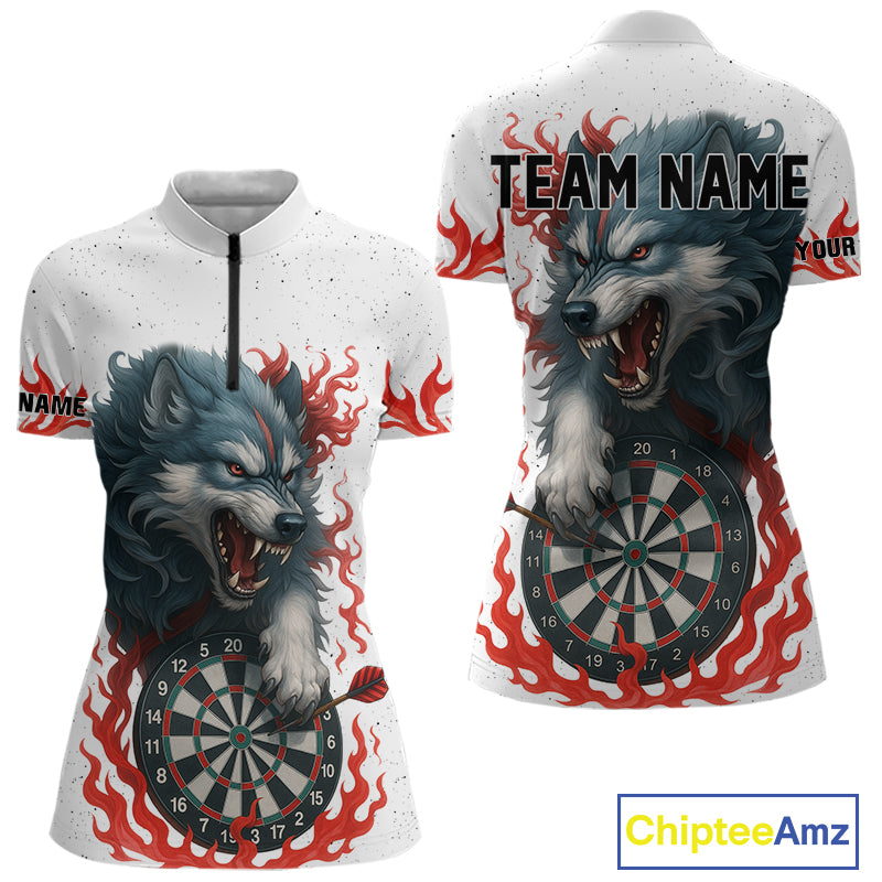 Personalized Wolf Flaming Dart Shirts For Women Custom Darts Jerseys Team Polo & Quarter Zip | Red TDM4112