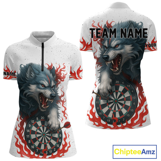 Personalized Wolf Flaming Dart Shirts For Women Custom Darts Jerseys Team Polo & Quarter Zip | Red TDM4112