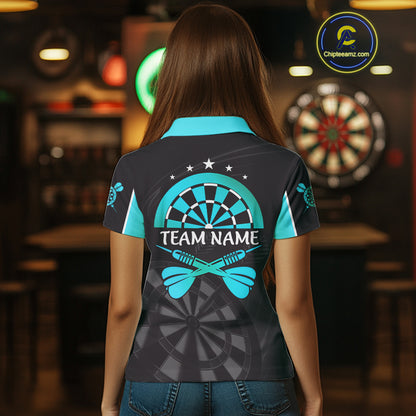 Black And Cyan Darts Jersey For Women Custom Team Polo & Quarter Zip Darts Shirt Uniform TDM4489