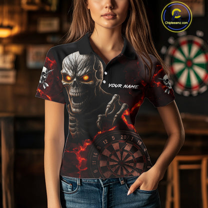 Personalized Skull Darts Polo & Quarter Zip For Women Custom Fire Darts League Team Jersey |Red TDM4718
