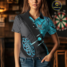 Load image into Gallery viewer, Grunge Cyan Black Dartboard Light Women Darts Polo &amp; 1/4 Zip Custom Dart Shirt For Team Dart Jersey TDM4127