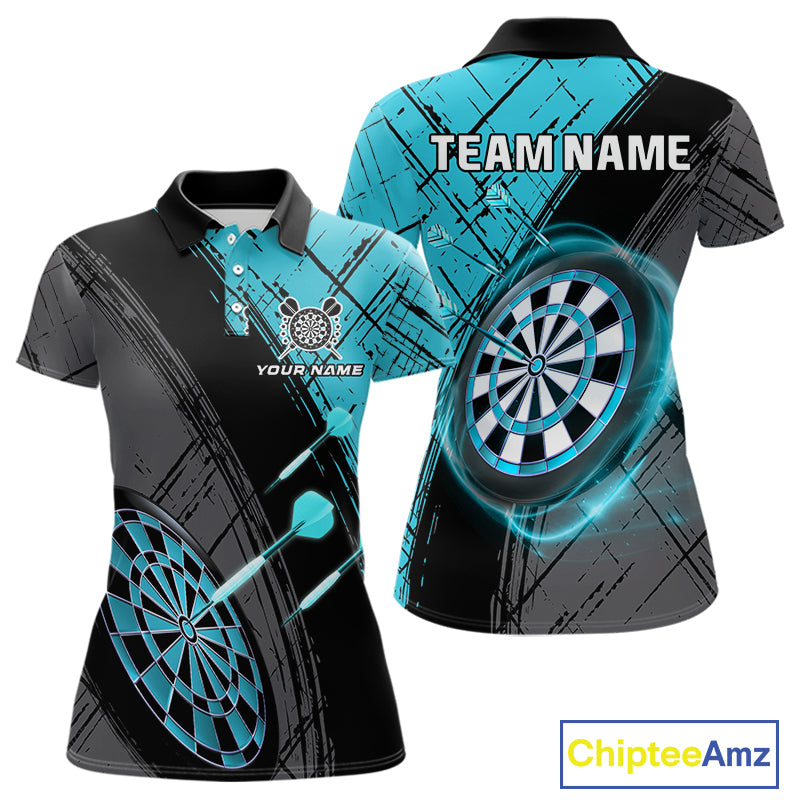 Grunge Cyan Black Dartboard Light Women Darts Polo & 1/4 Zip Custom Dart Shirt For Team Dart Jersey TDM4127
