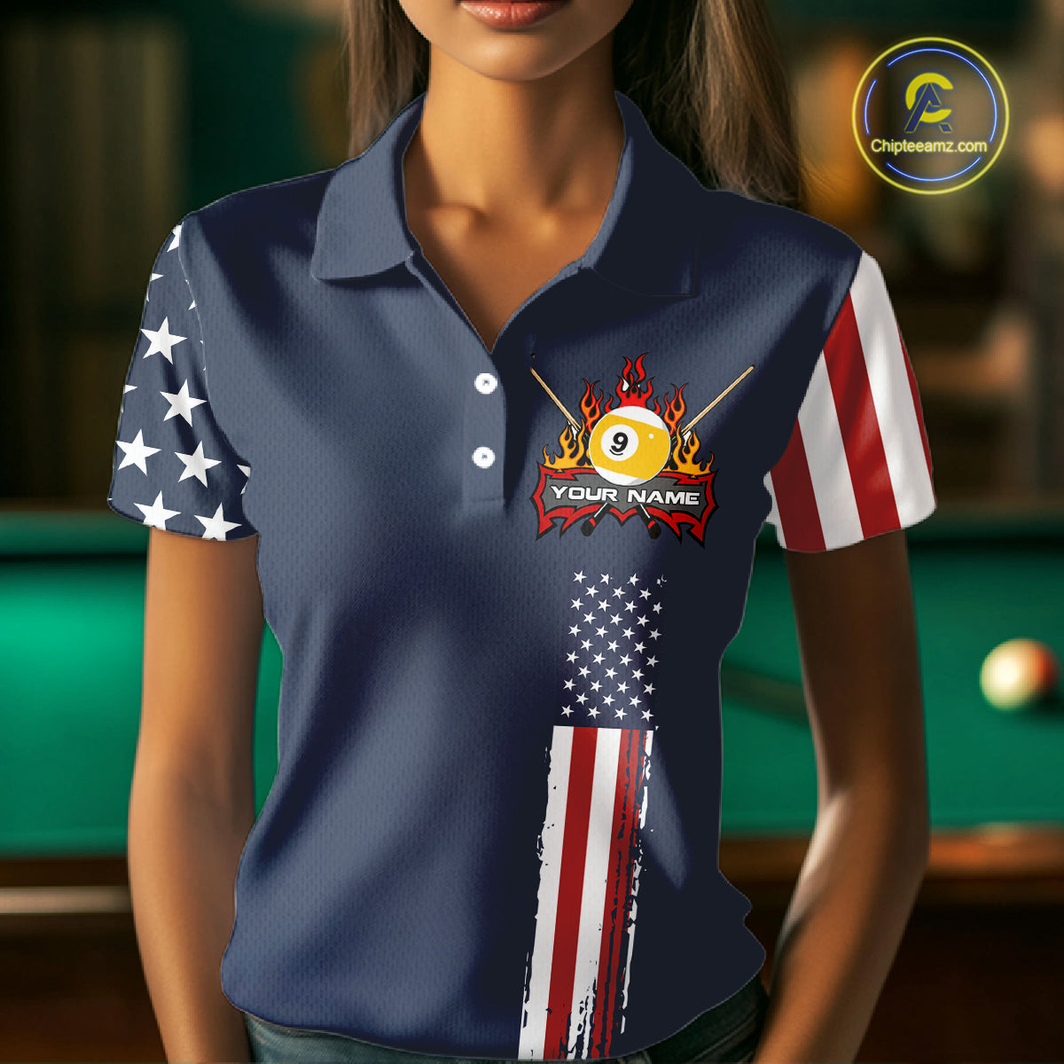 Personalized American Flag Blue Navy 9 Ball Pool Team Shirt For Women Custom Patriotic Billiard Shirt TDM4735