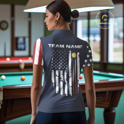 Personalized American Flag Blue Navy 9 Ball Pool Team Shirt For Women Custom Patriotic Billiard Shirt TDM4735