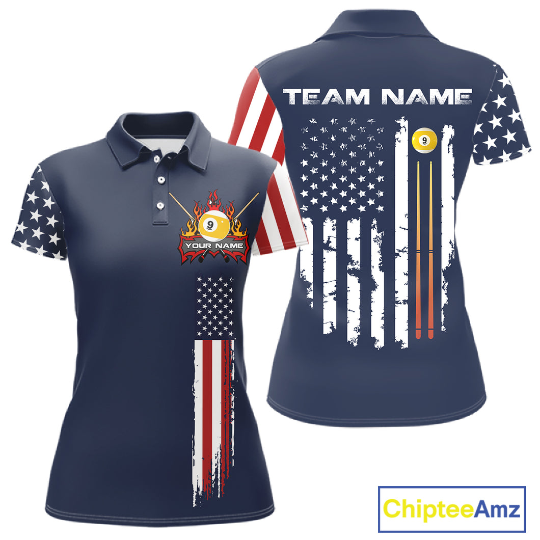 Personalized American Flag Blue Navy 9 Ball Pool Team Shirt For Women Custom Patriotic Billiard Shirt TDM4735