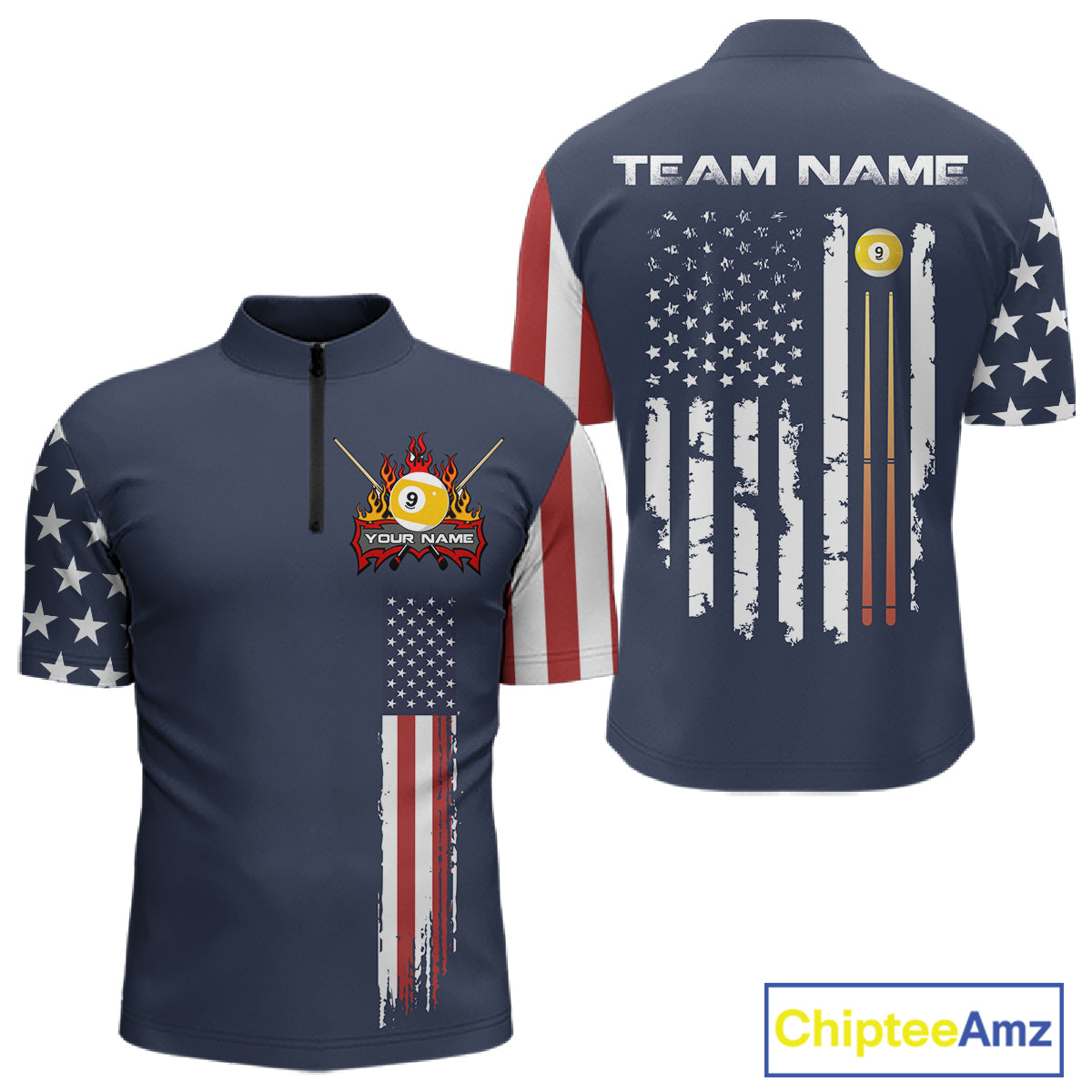 Personalized American Flag Blue Navy 9 Ball Pool Team Shirt For Men Custom Patriotic Billiard Shirt TDM4735
