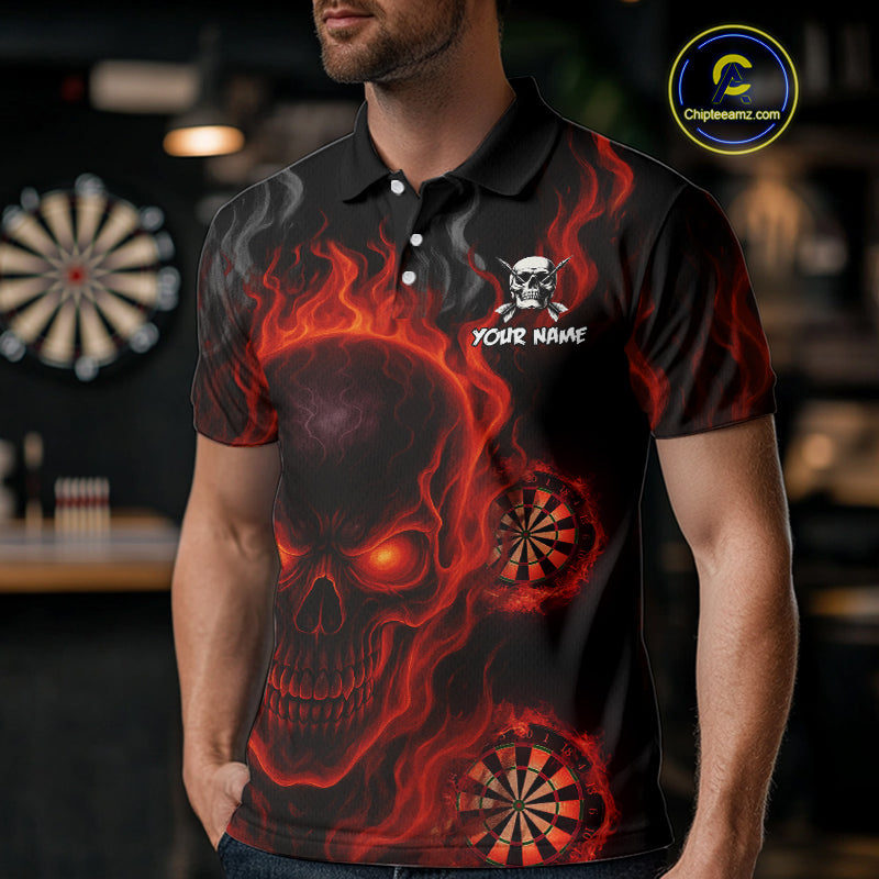 Flaming Skull Darts Shirt For Men Custom Red Darts Jerseys Team Polo & Quarter Zip, Darts Gifts TDM4135