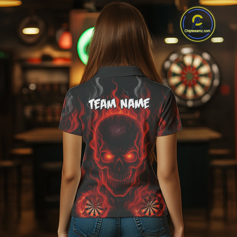 Flaming Skull Darts Shirt For Women Custom Red Darts Jerseys Team Polo & Quarter Zip, Darts Gifts TDM4135