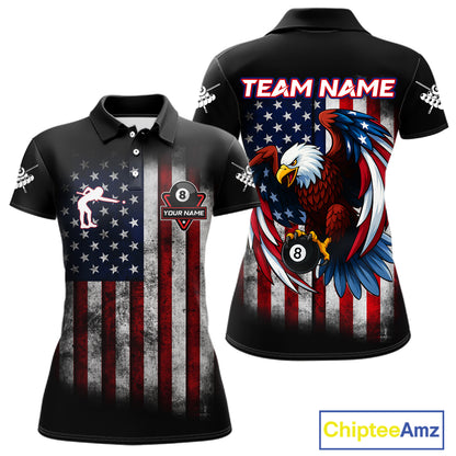 Grunge American Flag Eagle 8 Ball Billiard Polo & 1/4 Zip Custom Women's Patriotic Pool Team Jersey TDM4515