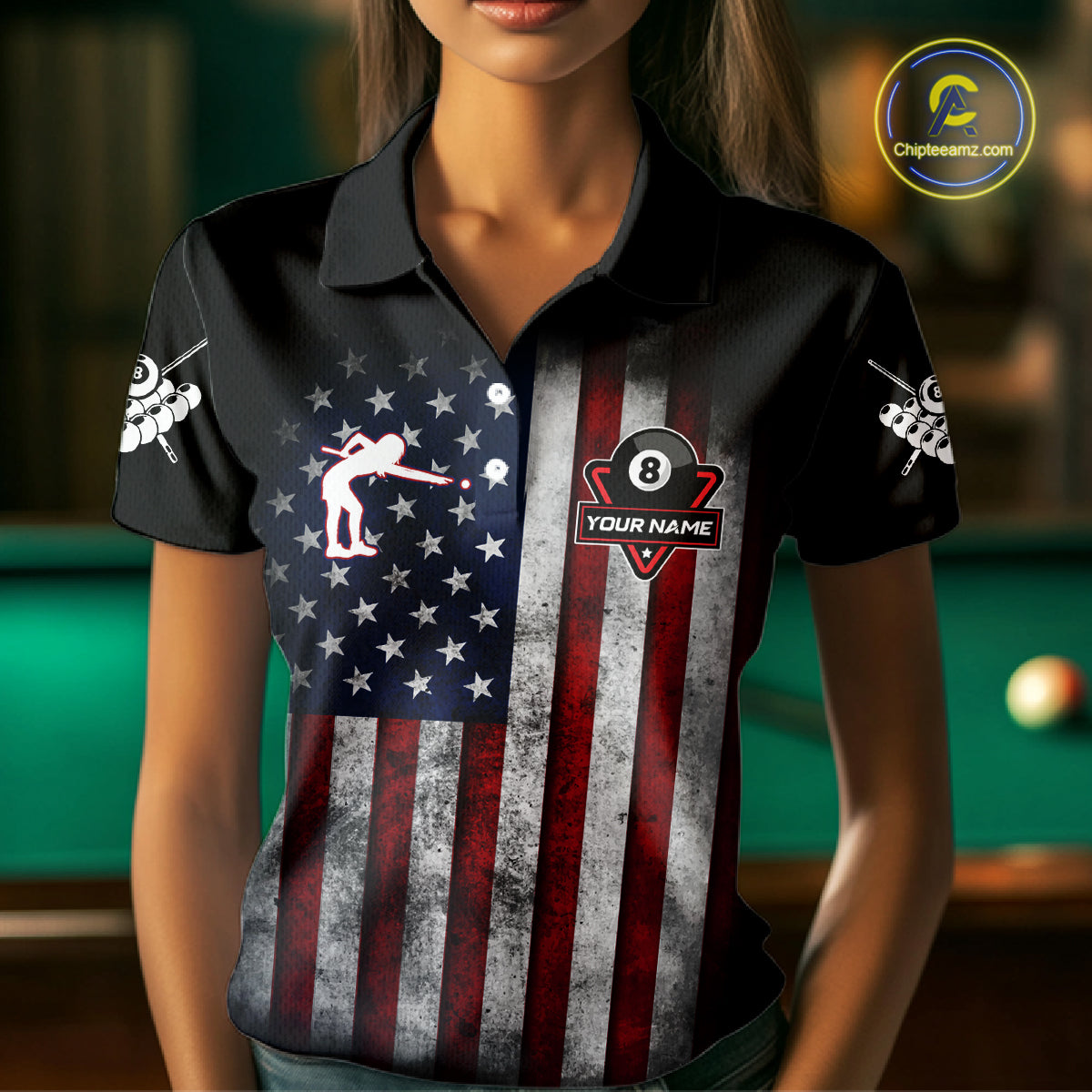 Grunge American Flag Eagle 8 Ball Billiard Polo & 1/4 Zip Custom Women's Patriotic Pool Team Jersey TDM4515