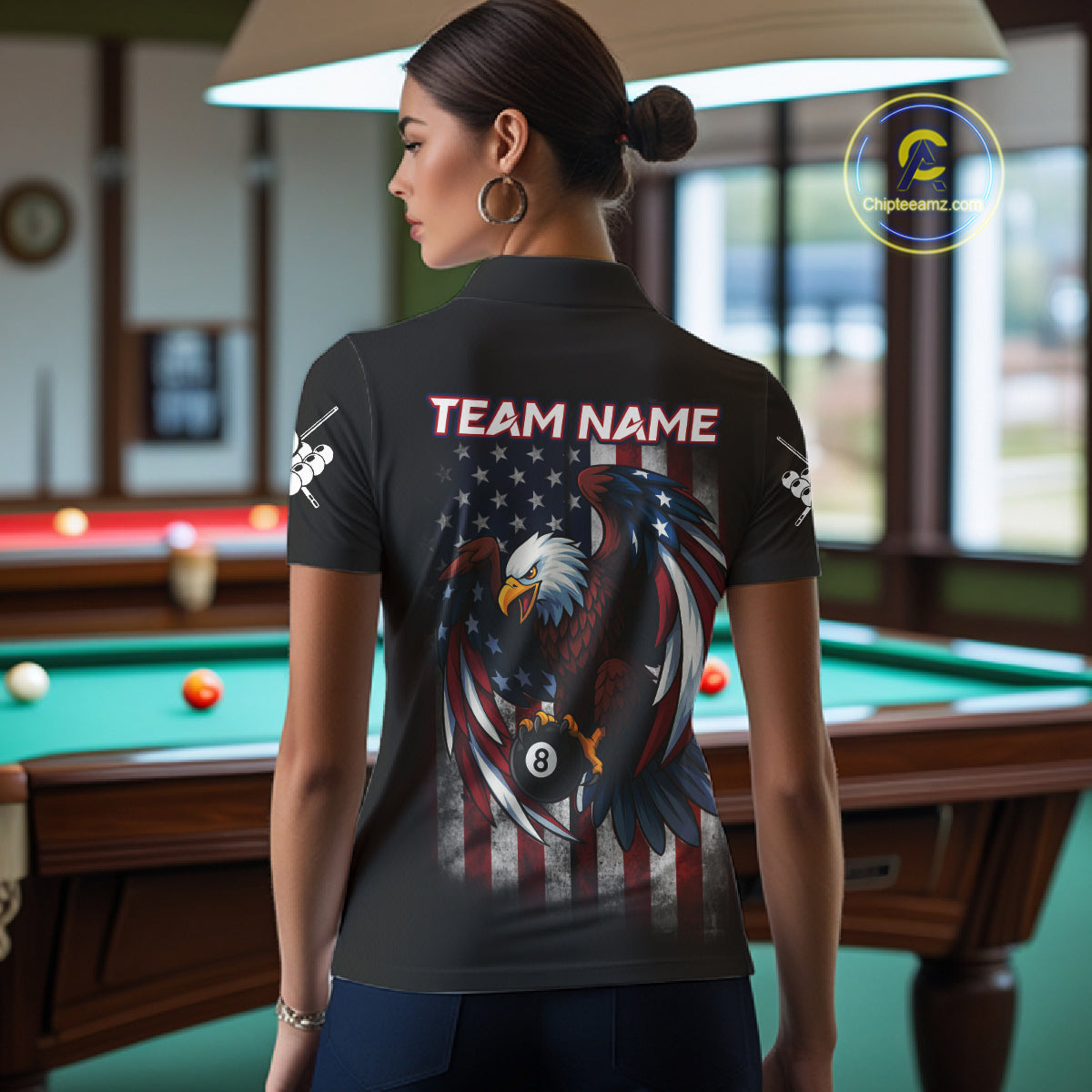 Grunge American Flag Eagle 8 Ball Billiard Polo & 1/4 Zip Custom Women's Patriotic Pool Team Jersey TDM4515