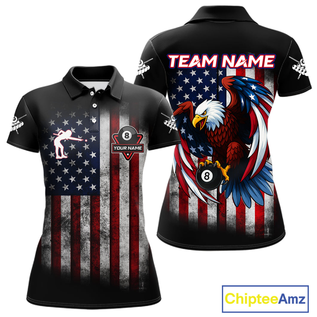 Grunge American Flag Eagle 8 Ball Billiard Polo & 1/4 Zip Custom Women's Patriotic Pool Team Jersey TDM4515