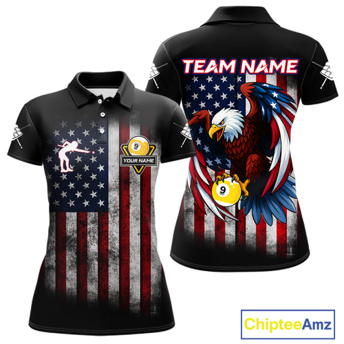Grunge American Flag Eagle 9 Ball Billiard Polo & 1/4 Zip Custom Women's Patriotic Pool Team Jersey TDM4516