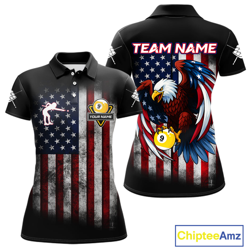 Grunge American Flag Eagle 9 Ball Billiard Polo & 1/4 Zip Custom Women's Patriotic Pool Team Jersey TDM4516