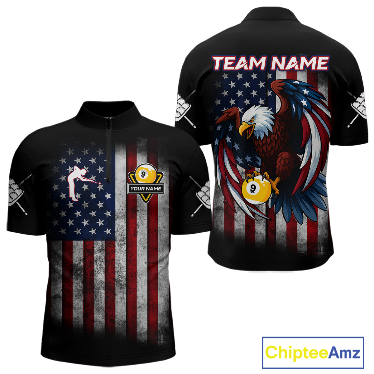 Grunge American Flag Eagle 9 Ball Billiard Polo & 1/4 Zip Custom Men's Patriotic Pool Team Jersey TDM4516