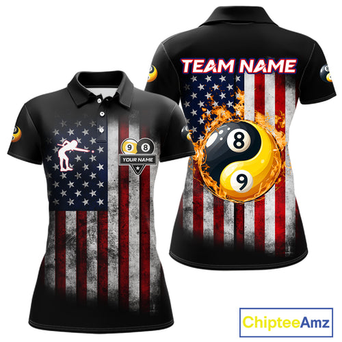 Grunge American Flag 8 & 9 Ball Yin-Yang Billiard Polo & 1/4 Zip Custom Pool Team Jersey For Women TDM4517