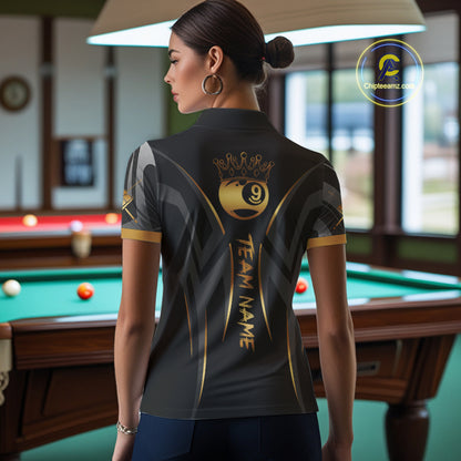 Black And Gold 9 Ball Crown Tribal Billiard Shirt For Women Custom Pool Team Jersey Polo & 1/4 Zip TDM4418