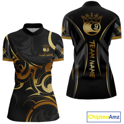 Black And Gold 9 Ball Crown Tribal Billiard Shirt For Women Custom Pool Team Jersey Polo & 1/4 Zip TDM4418