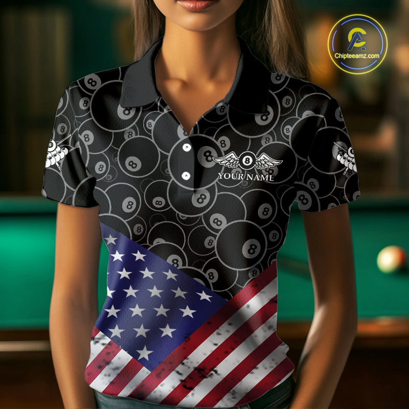 Personalized American Flag 8 Ball Wings Billiard Shirt For Women, Patriotic Pool Team Jerseys TDM4435