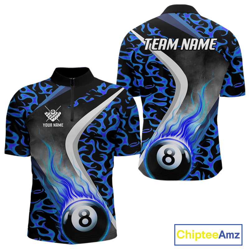 Personalized Flame Blue 8 Ball Pool Billiard Shirt For Men, Billiard Team Jersey Polo & 1/4 Zip TDM4471