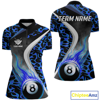 Personalized Flame Blue 8 Ball Pool Billiard Shirt For Women, Billiard Team Jersey Polo & 1/4 Zip TDM4471