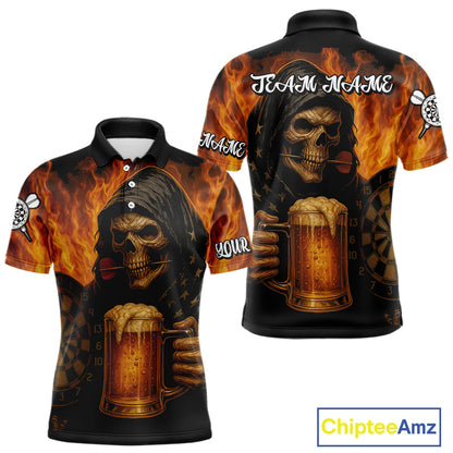 Personalized Funny Grim Reaper & Beer Fire Darts Shirt For Men, Dart Jersey Team Polo & 1/4 Zip TDM4486