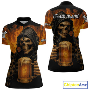 Personalized Funny Death Skeleton & Beer Fire Darts Shirt For Women, Dart Jersey Team Polo & 1/4 Zip TDM4486