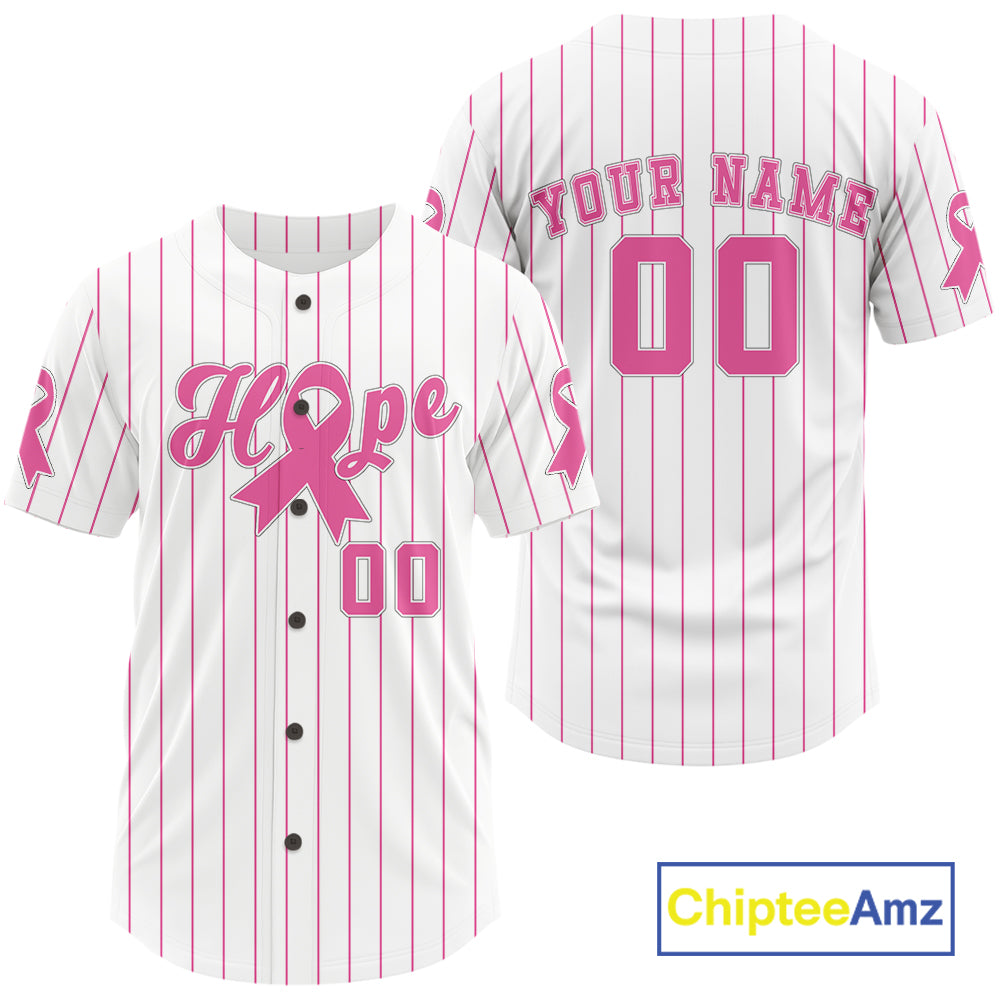 Pink Ribbon Pinstripe Baseball Jersey Custom Breast Cancer Awareness Baseball Shirt For Men NYN0874