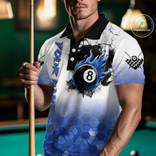 Load image into Gallery viewer, Custom White And Blue Hexagon 8 Ball Flame Billiard Shirt For Men, Funny Pool Team Jersey TDM4552