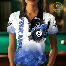 Load image into Gallery viewer, Custom White And Blue Hexagon 8 Ball Flame Billiard Shirt For Women, Funny Pool Team Jersey TDM4552