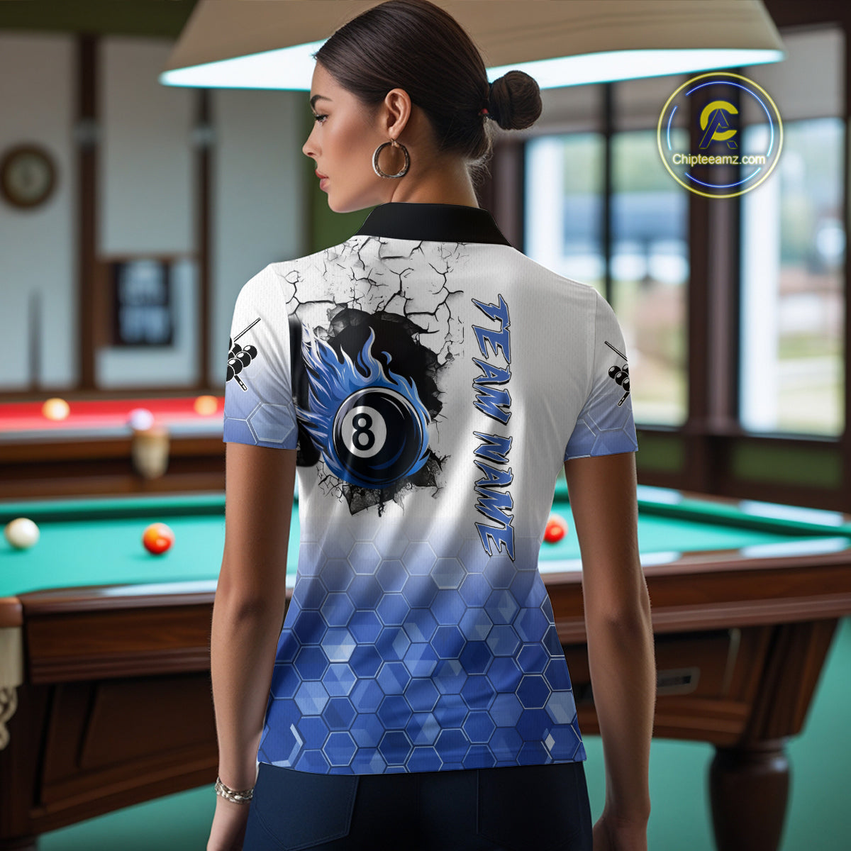 Custom White And Blue Hexagon 8 Ball Flame Billiard Shirt For Women, Funny Pool Team Jersey TDM4552
