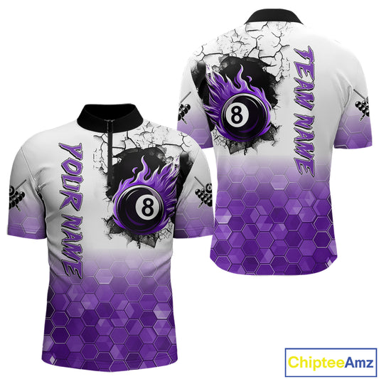 Custom White And Purple Hexagon 8 Ball Flame Billiard Shirt For Men, Funny Pool Team Jersey TDM4553