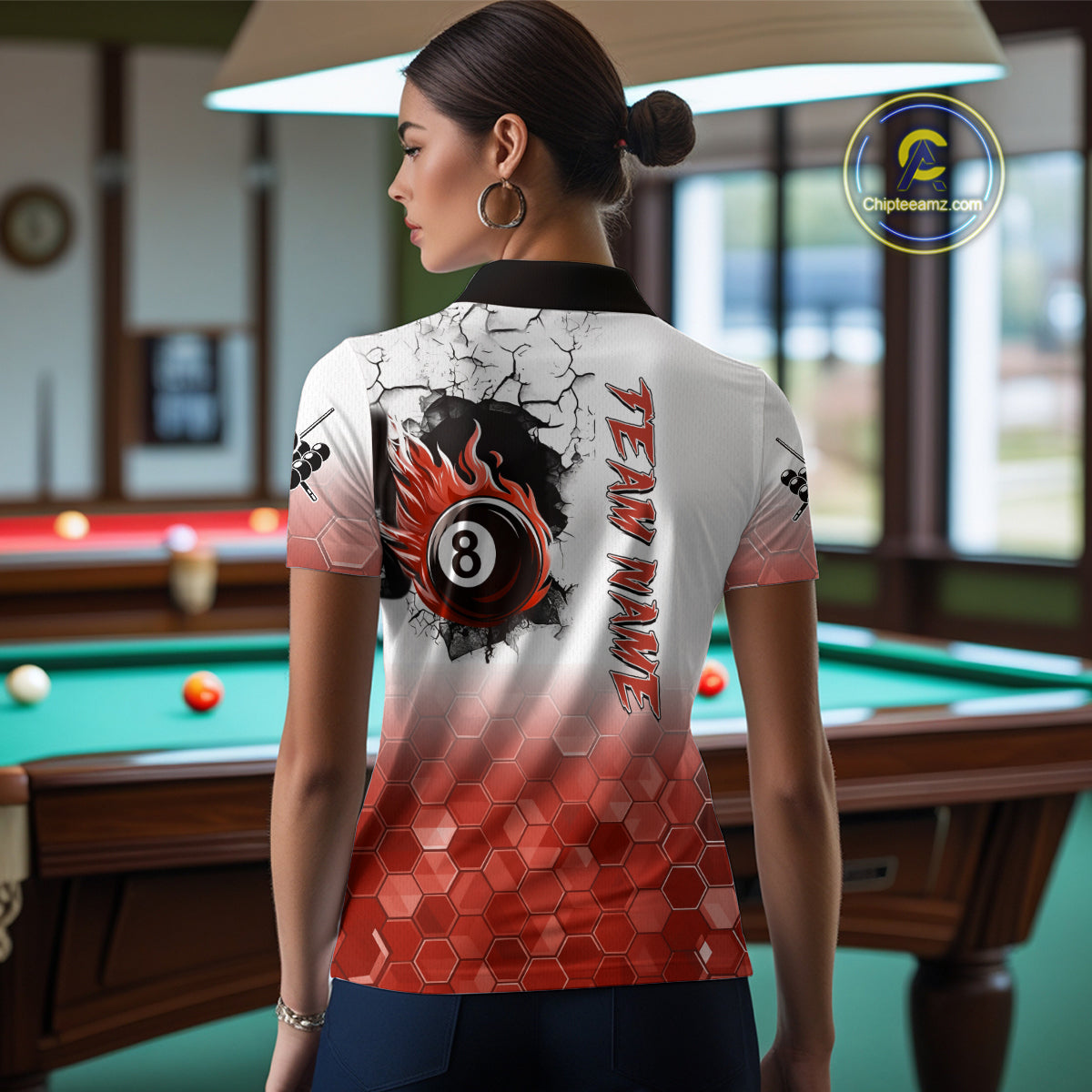 Custom White And Red Hexagon 8 Ball Flame Billiard Shirt For Women, Funny Pool Team Jersey TDM4554
