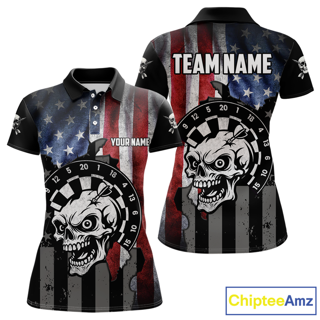 Personalized Funny Skull American Flag Dart Shirt For Women Custom Patriotic Darts Team Jerseys TDM4172