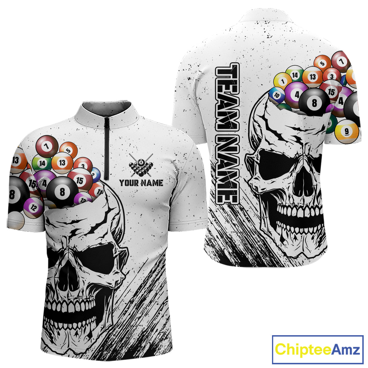 Personalized White Grunge Billiard Balls Skull Pool Shirt For Men, Funny Billiard Team Jersey TDM4578